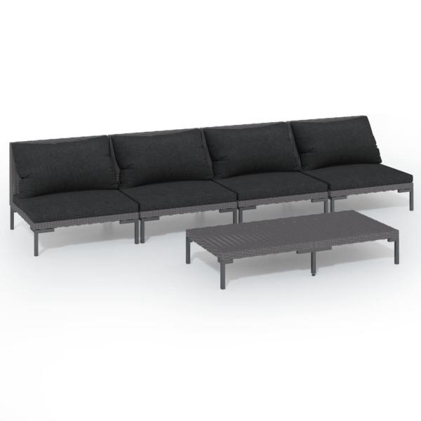 5-tlg. Garten-Lounge-Set mit Kissen Poly Rattan Dunkelgrau