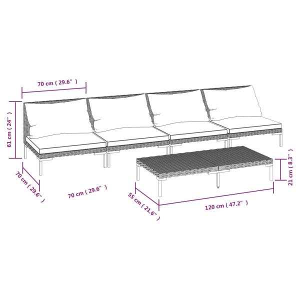 5-tlg. Garten-Lounge-Set mit Kissen Poly Rattan Dunkelgrau
