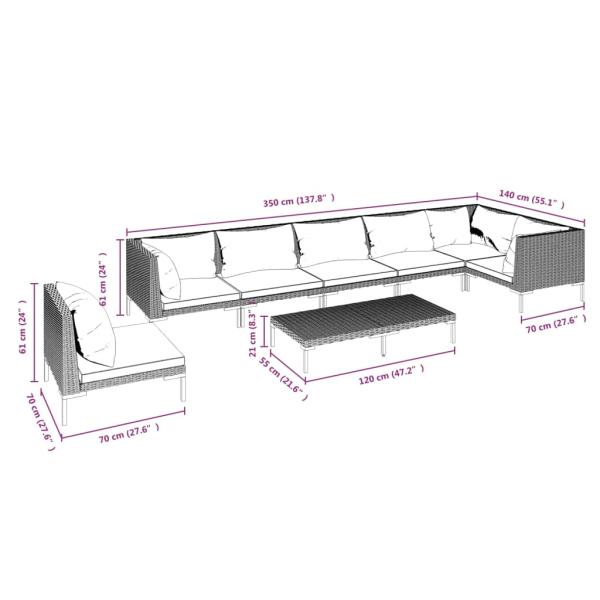 8-tlg. Garten-Lounge-Set mit Kissen Poly Rattan Dunkelgrau