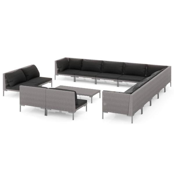 14-tlg. Garten-Lounge-Set mit Kissen Poly Rattan Dunkelgrau