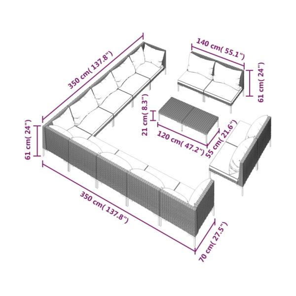 14-tlg. Garten-Lounge-Set mit Kissen Poly Rattan Dunkelgrau