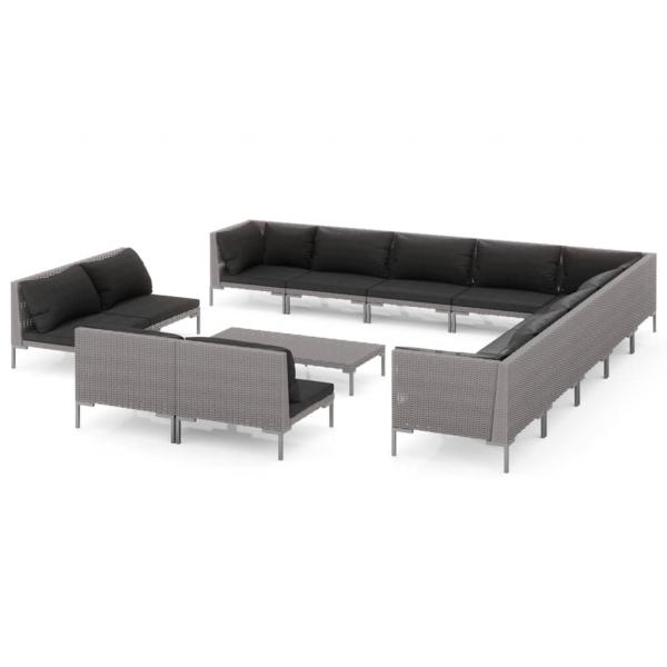14-tlg. Garten-Lounge-Set mit Kissen Poly Rattan Dunkelgrau
