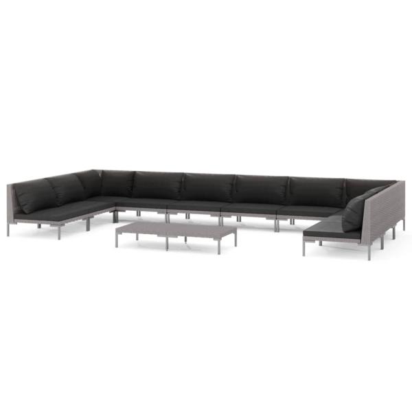 11-tlg. Garten-Lounge-Set mit Kissen Poly Rattan Dunkelgrau