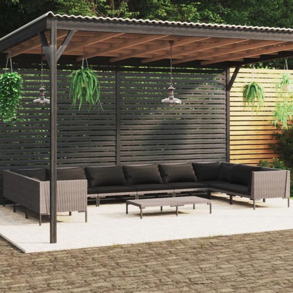ARDEBO.de - 11-tlg. Garten-Lounge-Set mit Kissen Poly Rattan Dunkelgrau