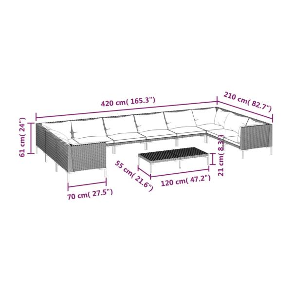11-tlg. Garten-Lounge-Set mit Kissen Poly Rattan Dunkelgrau