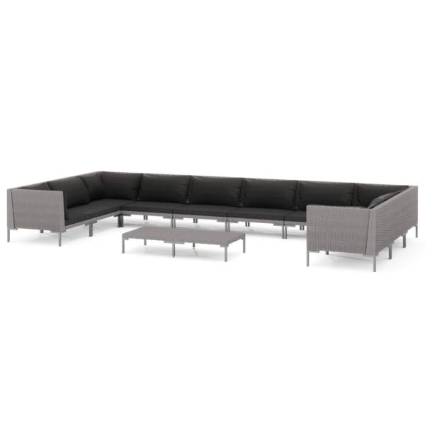 11-tlg. Garten-Lounge-Set mit Kissen Poly Rattan Dunkelgrau