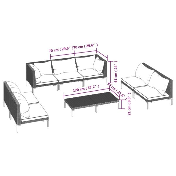 8-tlg. Garten-Lounge-Set mit Kissen Poly Rattan Dunkelgrau