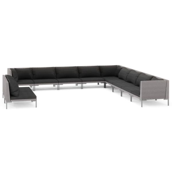 11-tlg. Garten-Lounge-Set mit Kissen Poly Rattan Dunkelgrau
