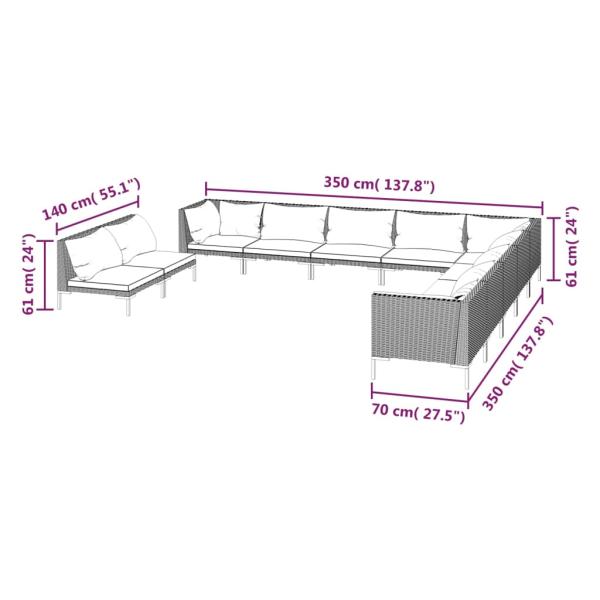 11-tlg. Garten-Lounge-Set mit Kissen Poly Rattan Dunkelgrau
