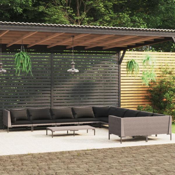 ARDEBO.de - 11-tlg. Garten-Lounge-Set mit Kissen Poly Rattan Dunkelgrau