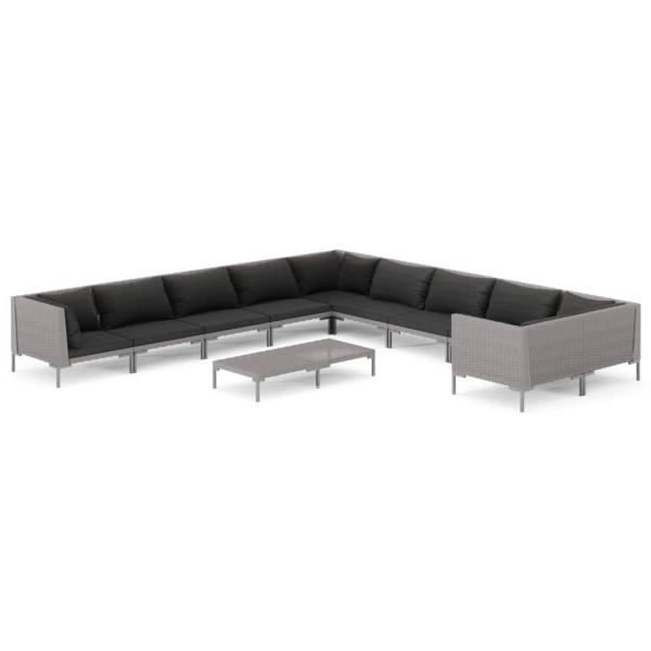11-tlg. Garten-Lounge-Set mit Kissen Poly Rattan Dunkelgrau
