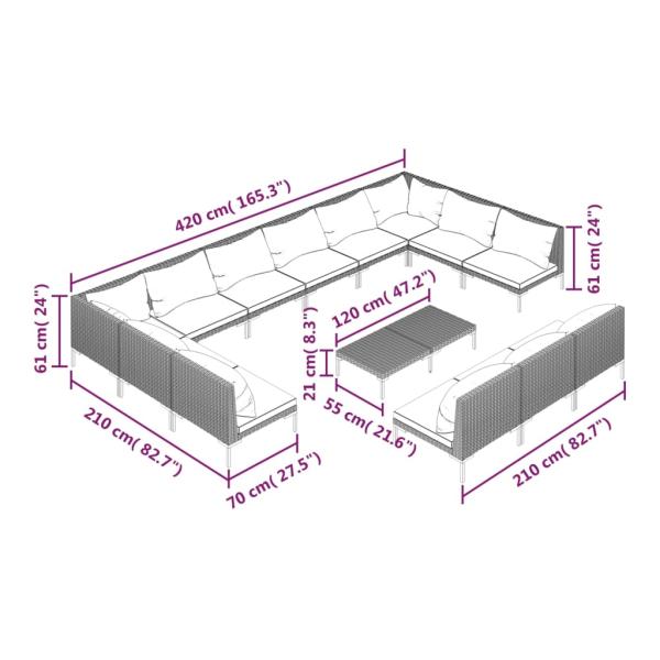 14-tlg. Garten-Lounge-Set mit Kissen Poly Rattan Dunkelgrau