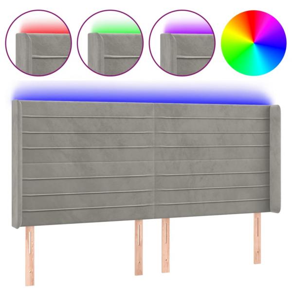 LED Kopfteil Hellgrau 203x16x118/128 cm Samt