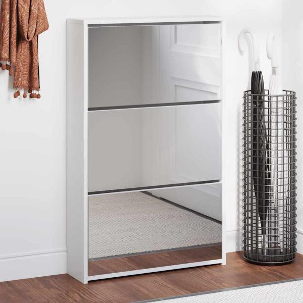 Schuhschrank mit 3 Fächern Spiegel Weiß 63x17x102,5 cm