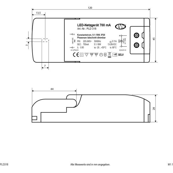 EVN PLD Netzgerät, 700mA, 9,1-18W, IP20, Primär: 220-240V/AC, dimmbar mit Phasenan- und Phasenabschnitt-Dimmer (PLD318)