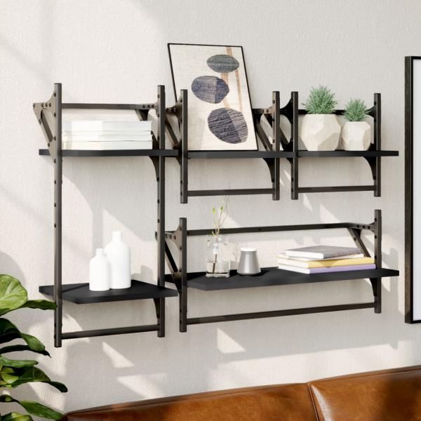 ARDEBO.de - 4-tlg. Wandregal-Set mit Stangen Schwarz Holzwerkstoff