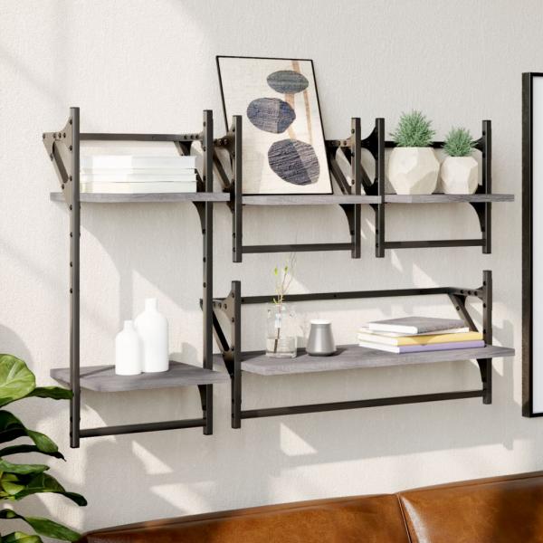 ARDEBO.de - 4-tlg. Wandregal-Set mit Stangen Grau Sonoma Holzwerkstoff