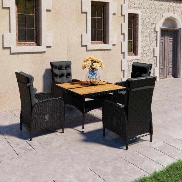 ARDEBO.de - 5-tlg. Garten-Essgruppe Poly Rattan und Akazienholz Schwarz