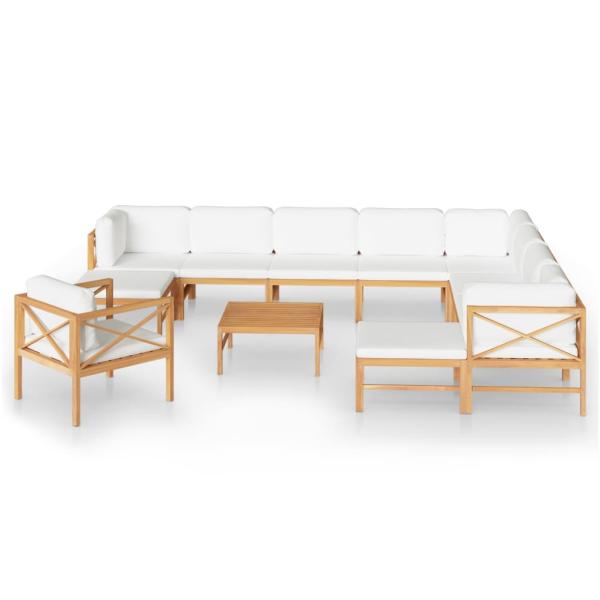12-tlg. Garten-Lounge-Set mit Creme Kissen Massivholz Teak