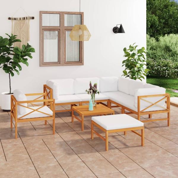 ARDEBO.de - 8-tlg. Garten-Lounge-Set mit Creme Kissen Massivholz Teak