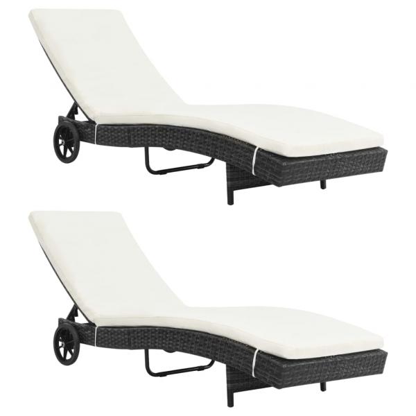 ARDEBO.de - Sonnenliegen 2 Stk. mit Rollen und Auflagen Poly Rattan Schwarz