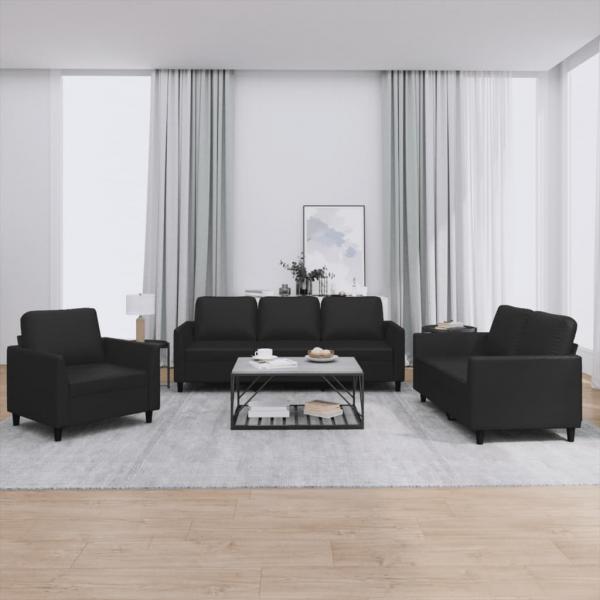ARDEBO.de - 3-tlg. Sofagarnitur mit Kissen Schwarz Kunstleder