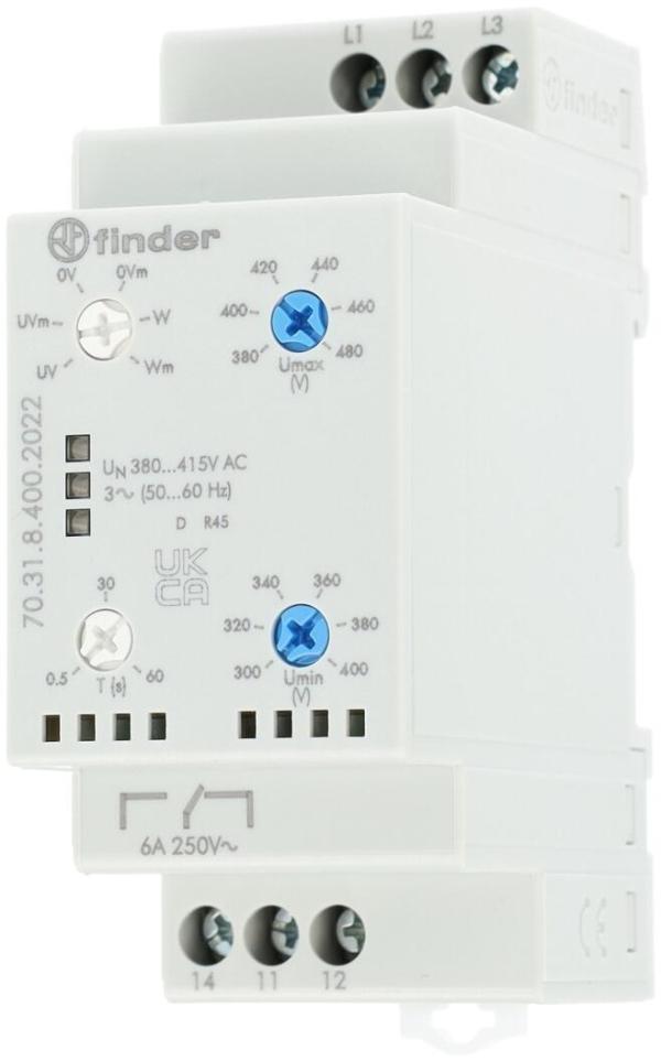 Finder 70.31.8.400.2022 Netzüberwachung 6A, 415VAC, 1Wechsler, Phasenausfall/-folge