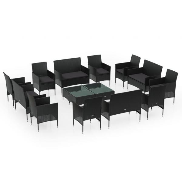 16-tlg. Garten-Lounge-Set mit Auflagen Poly Rattan Schwarz