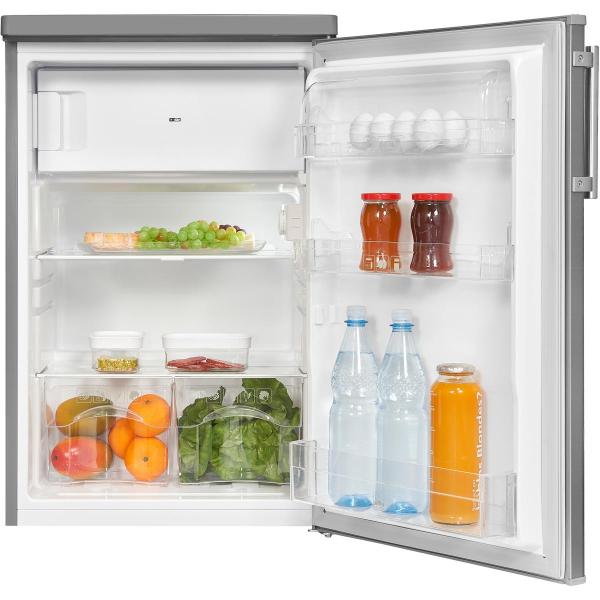 Exquisit KS16-4-HE-040E Standkühlschrank, 55 cm breit, 109L, Temperatureinstellung, LED Beleuchtung, Gemüseschublade, Eierablagen, edelstahloptik