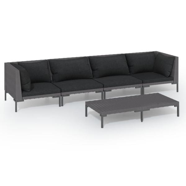 5-tlg. Garten-Lounge-Set mit Kissen Poly Rattan Dunkelgrau