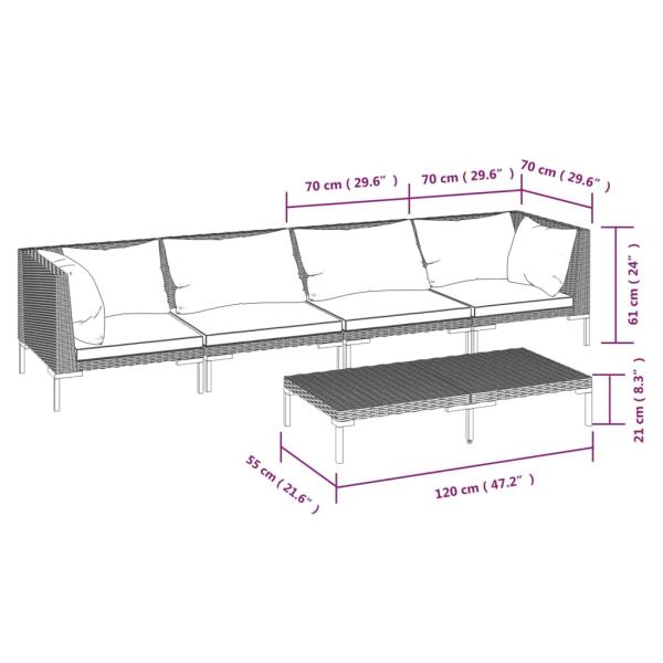 5-tlg. Garten-Lounge-Set mit Kissen Poly Rattan Dunkelgrau