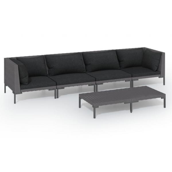5-tlg. Garten-Lounge-Set mit Kissen Poly Rattan Dunkelgrau