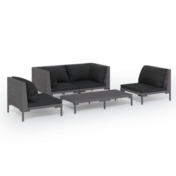 5-tlg. Garten-Lounge-Set mit Kissen Poly Rattan Dunkelgrau