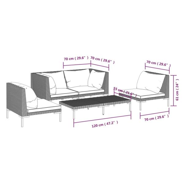 5-tlg. Garten-Lounge-Set mit Kissen Poly Rattan Dunkelgrau