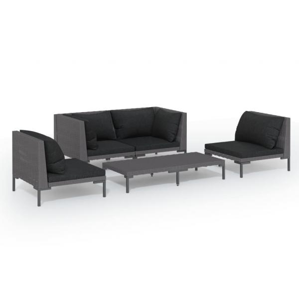 5-tlg. Garten-Lounge-Set mit Kissen Poly Rattan Dunkelgrau