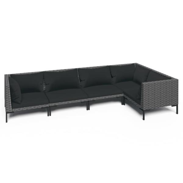 5-tlg. Garten-Lounge-Set mit Kissen Poly Rattan Dunkelgrau