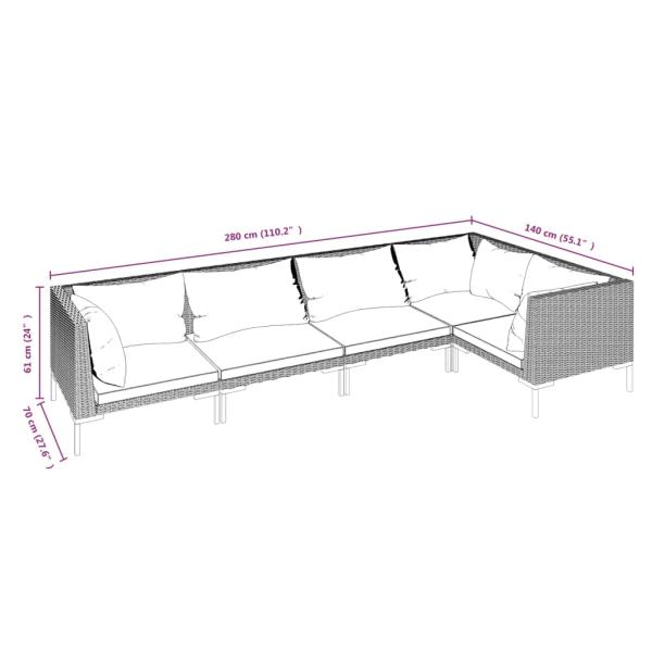 5-tlg. Garten-Lounge-Set mit Kissen Poly Rattan Dunkelgrau