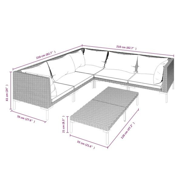 6-tlg. Garten-Lounge-Set mit Kissen Poly Rattan Dunkelgrau