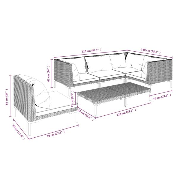 6-tlg. Garten-Lounge-Set mit Kissen Poly Rattan Dunkelgrau