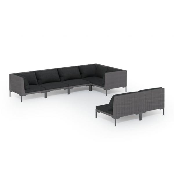 7-tlg. Garten-Lounge-Set mit Kissen Poly Rattan Dunkelgrau