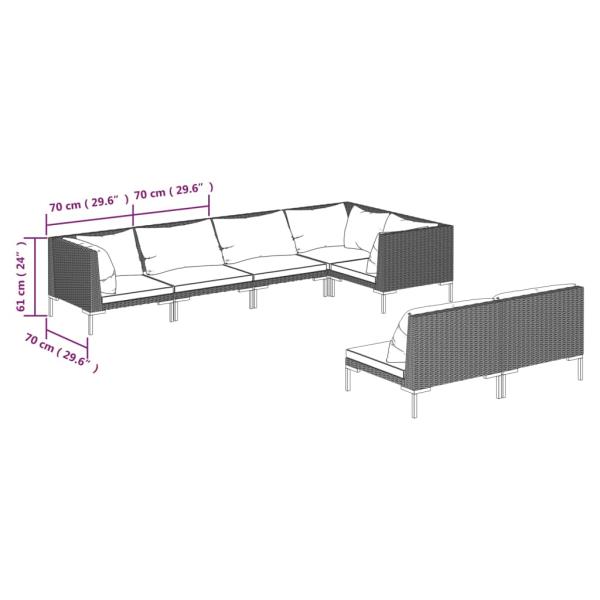 7-tlg. Garten-Lounge-Set mit Kissen Poly Rattan Dunkelgrau