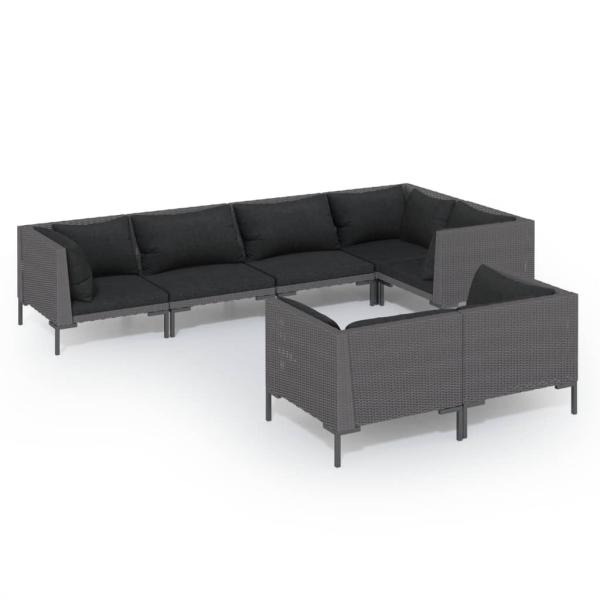 7-tlg. Garten-Lounge-Set mit Kissen Poly Rattan Dunkelgrau