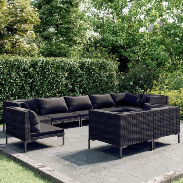 ARDEBO.de - 9-tlg. Garten-Lounge-Set mit Kissen Rund Rattan Dunkelgrau