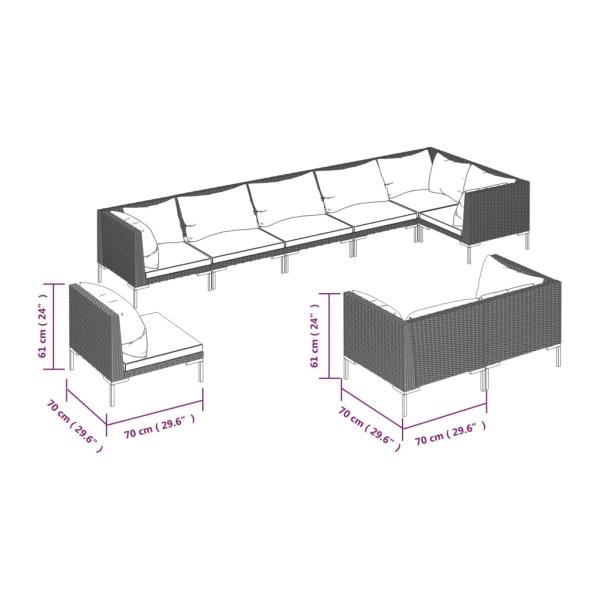 9-tlg. Garten-Lounge-Set mit Kissen Rund Rattan Dunkelgrau