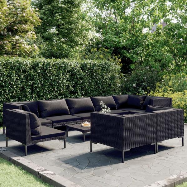 ARDEBO.de - 10-tlg. Garten-Lounge-Set mit Kissen Poly Rattan Dunkelgrau