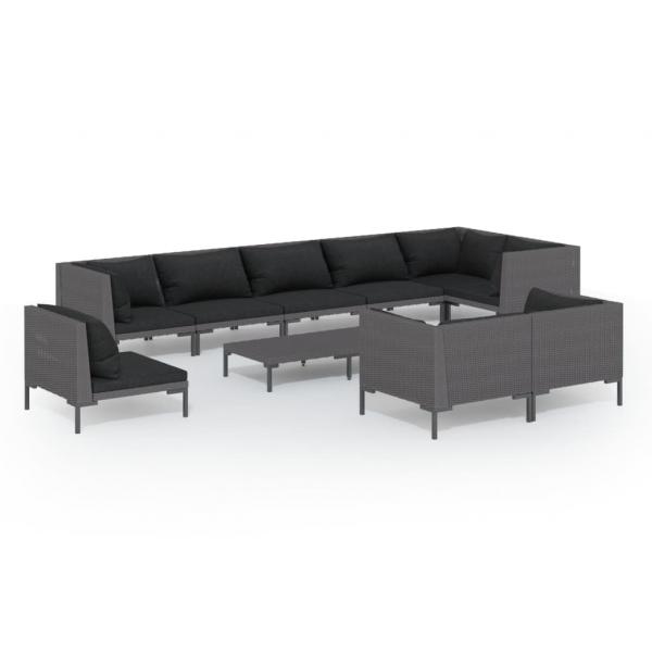 10-tlg. Garten-Lounge-Set mit Kissen Poly Rattan Dunkelgrau