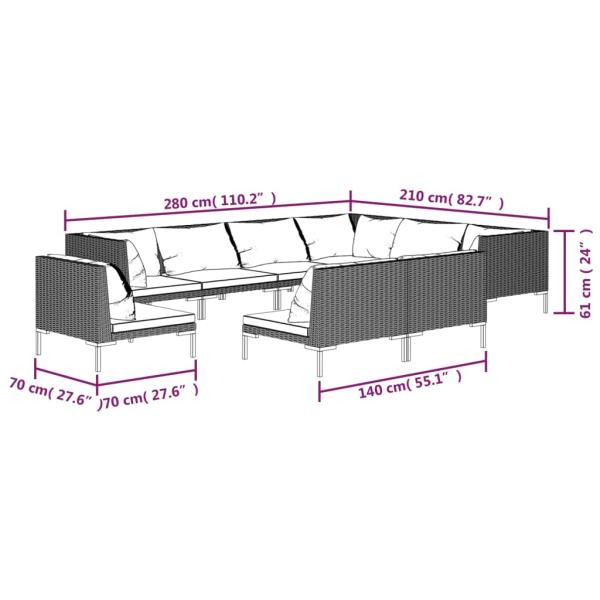 9-tlg. Garten-Lounge-Set mit Kissen Poly Rattan Dunkelgrau
