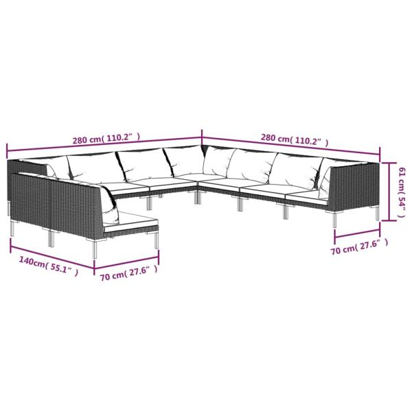 9-tlg. Garten-Lounge-Set mit Kissen Poly Rattan Dunkelgrau
