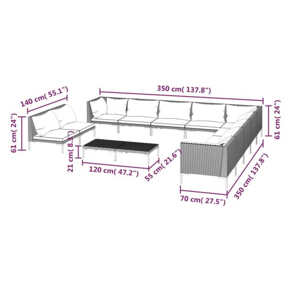 12-tlg. Garten-Lounge-Set mit Kissen Poly Rattan Dunkelgrau
