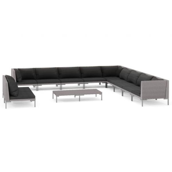 12-tlg. Garten-Lounge-Set mit Kissen Poly Rattan Dunkelgrau